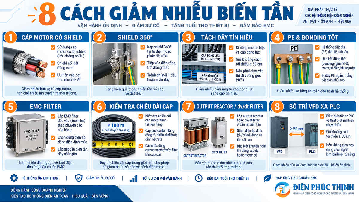 8 cách giảm nhiễu biến tần trong tủ điện bằng cáp shield EMC filter và nối đất