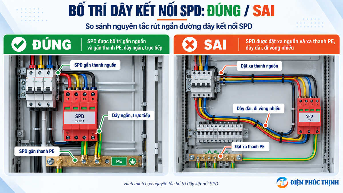 Cách bố trí dây kết nối SPD ngắn trực tiếp so với dây đi vòng trong tủ điện