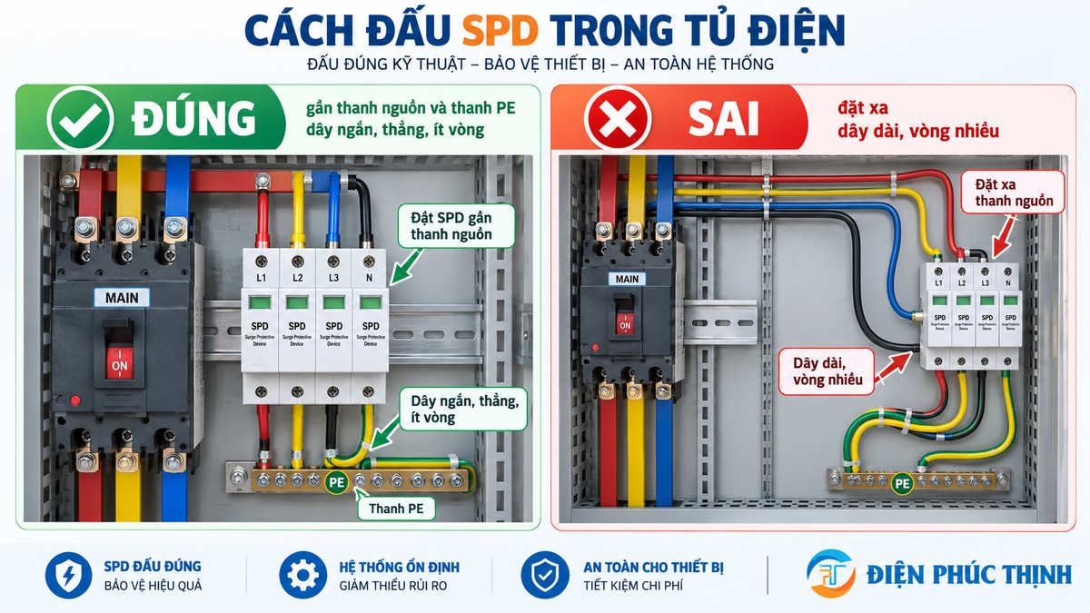 So sánh cách đấu dây SPD chống sét lan truyền đúng và sai trong tủ điện