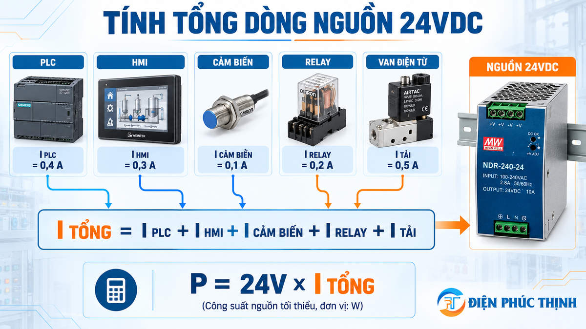 Cách tính tổng dòng PLC HMI cảm biến và relay khi chọn nguồn 24VDC