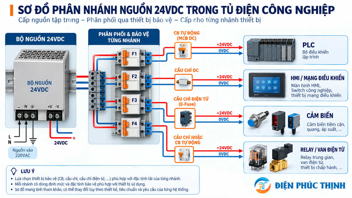 Cách chia nguồn 24VDC thành các nhánh cho PLC HMI cảm biến và tải điều khiển