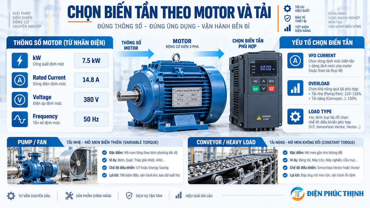 Cách chọn biến tần theo công suất dòng motor và đặc tính tải