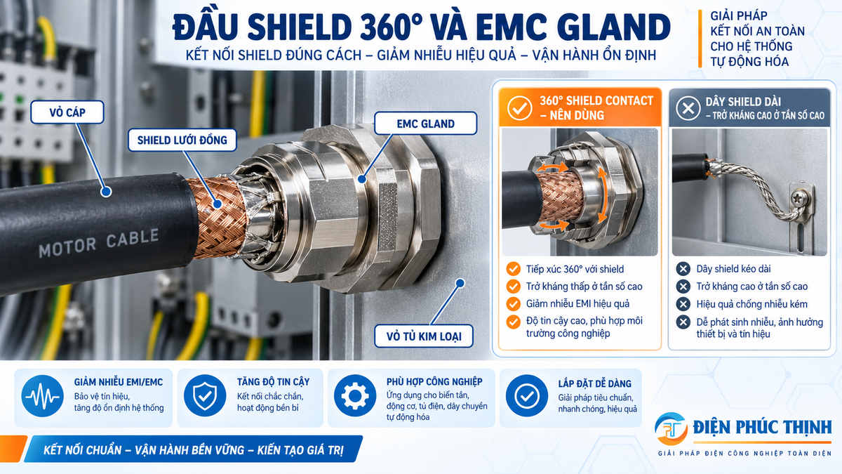 Đấu shield 360 độ bằng EMC cable gland để giảm nhiễu biến tần