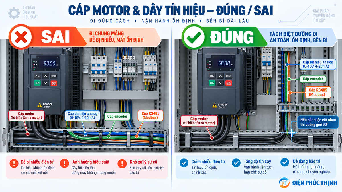 So sánh cách đi cáp motor biến tần và dây tín hiệu đúng sai trong tủ điện