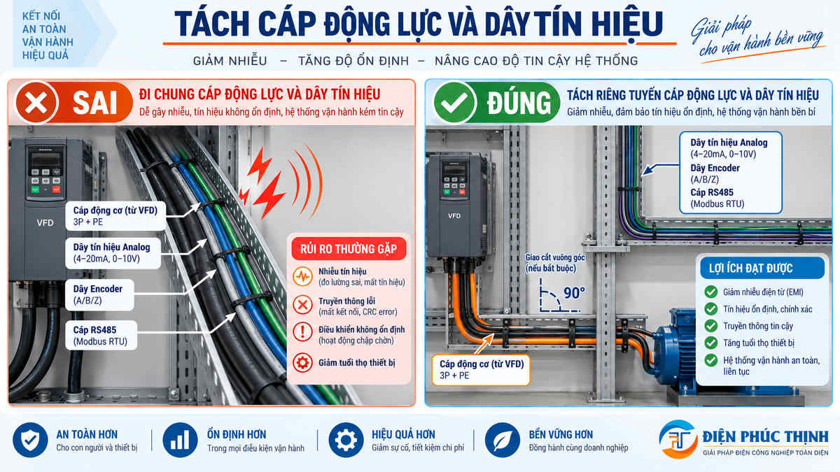 Cách đi dây biến tần đúng và sai để giảm nhiễu cho dây tín hiệu trong tủ điện