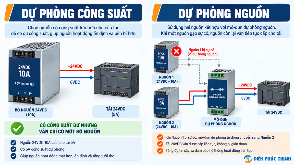 So sánh dự phòng công suất và dự phòng nguồn 24VDC trong tủ điều khiển