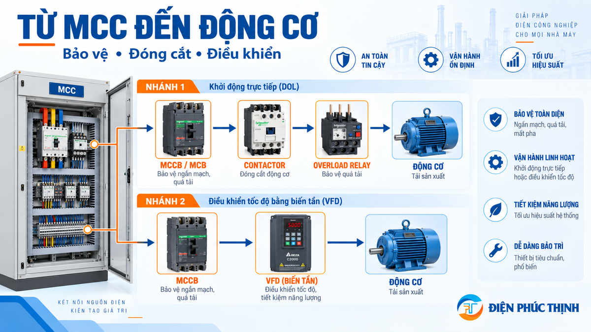 Cấu trúc mạch động cơ trong tủ MCC từ MCCB contactor overload đến motor