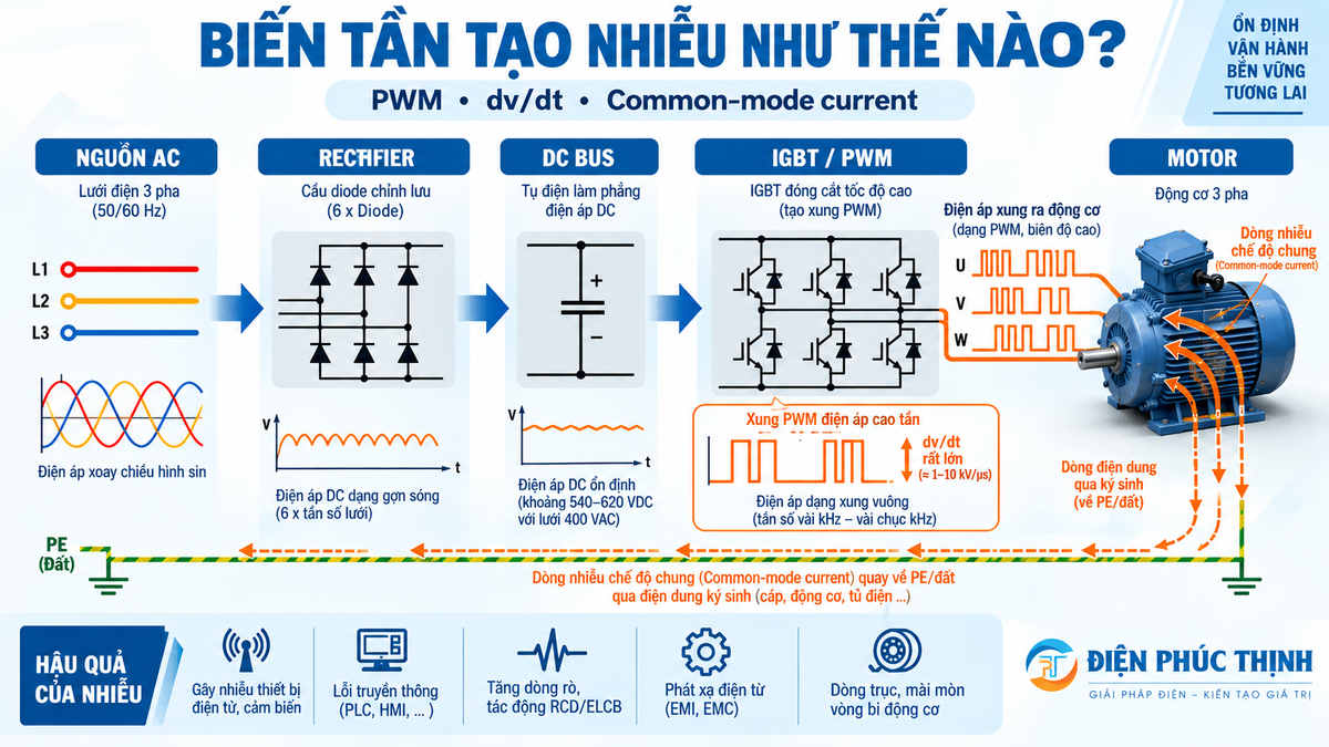Nguyên lý biến tần PWM gây nhiễu và tạo dòng common mode trong hệ thống điện