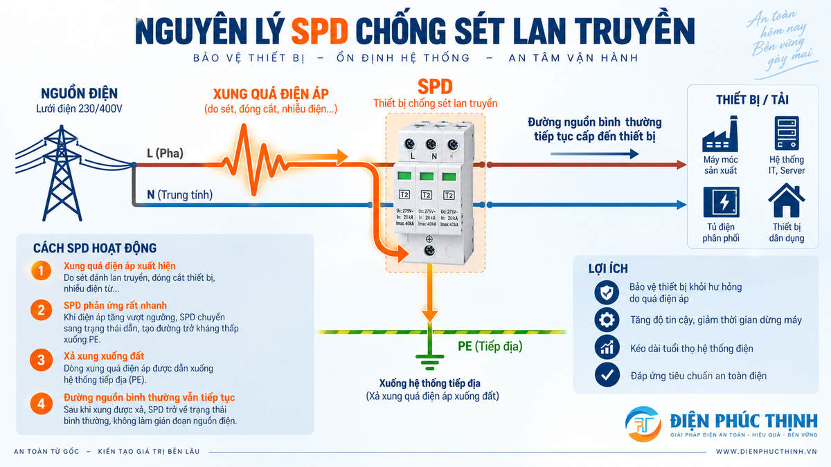 Nguyên lý chống sét lan truyền SPD bảo vệ tủ điện nhà máy trước quá điện áp xung