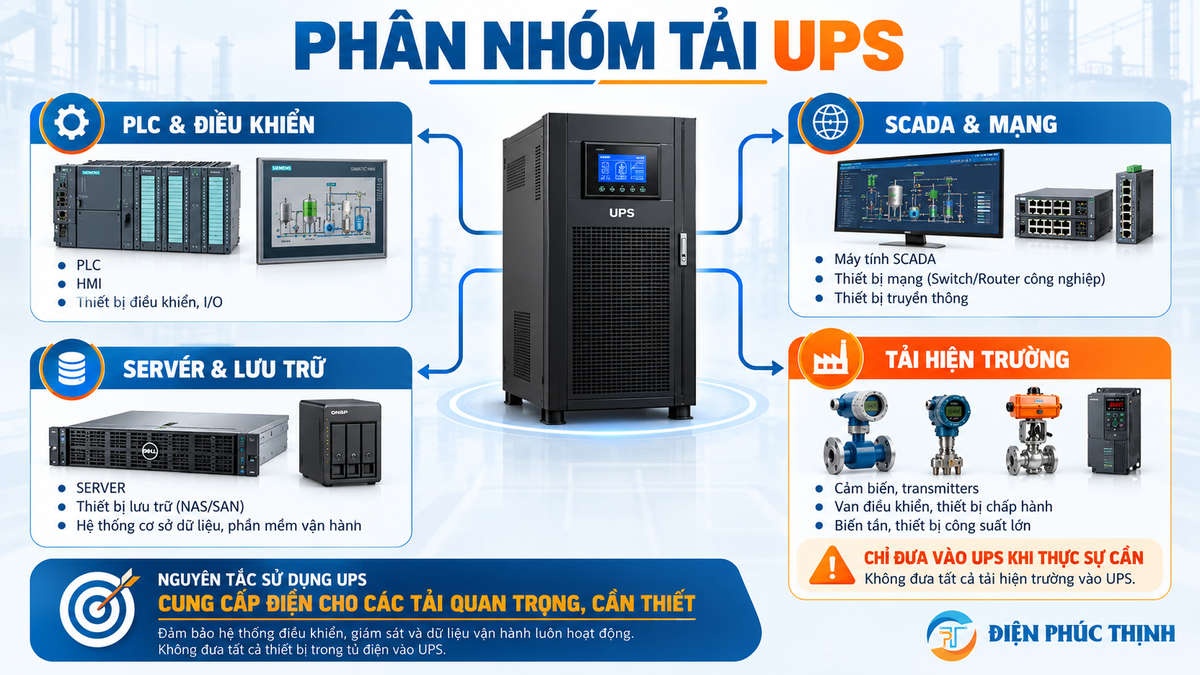 Phân nhóm tải UPS cho PLC SCADA server và thiết bị hiện trường trong nhà máy