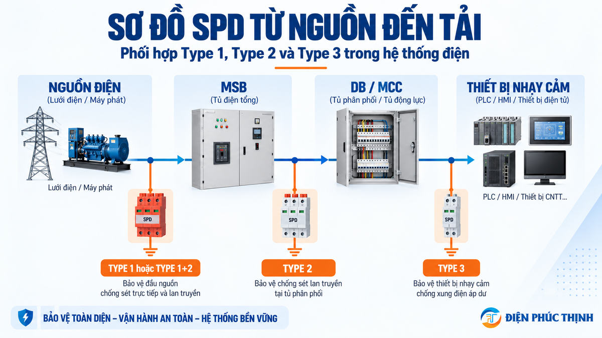 Sơ đồ bố trí SPD Type 1 Type 2 và Type 3 từ tủ MSB đến thiết bị nhạy cảm