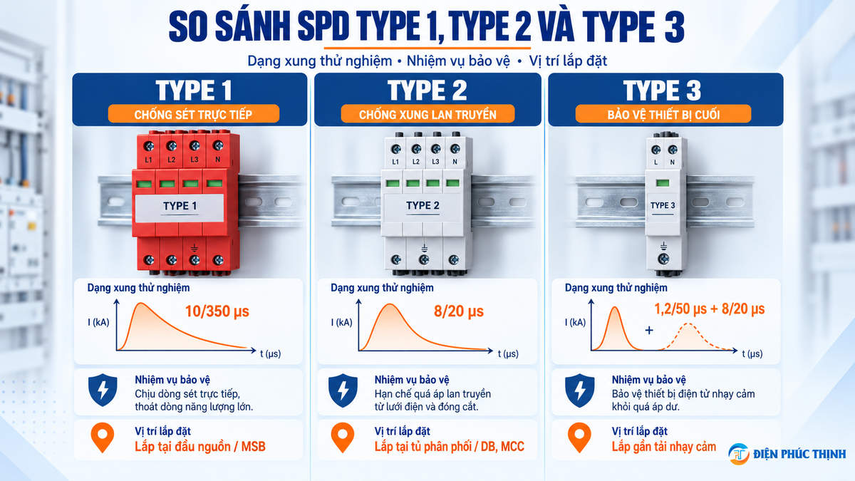So sánh SPD Type 1 Type 2 và Type 3 theo dạng sóng và vị trí lắp đặt