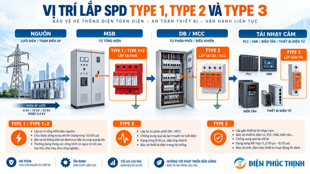 Sơ đồ bố trí SPD Type 1 Type 2 và Type 3 từ tủ MSB đến thiết bị trong nhà máy