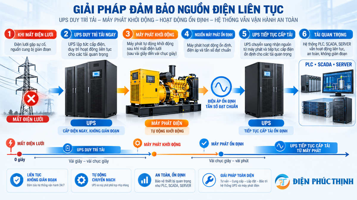Sơ đồ UPS duy trì PLC SCADA và server trong thời gian chờ máy phát điện